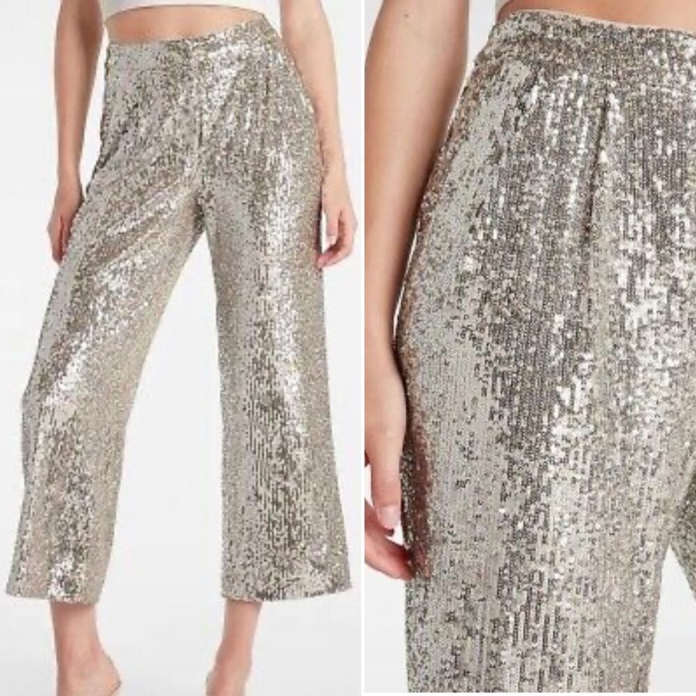 EXPRESS High Waisted Sequin Pleated Cropped Trouser
